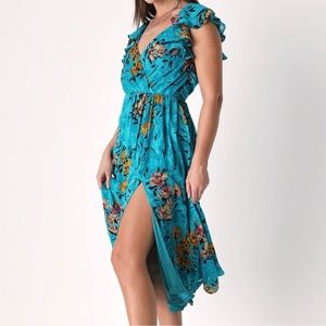 XL. NEW. Teal Green Floral Jacquard Flutter Sleeve Midi Dress